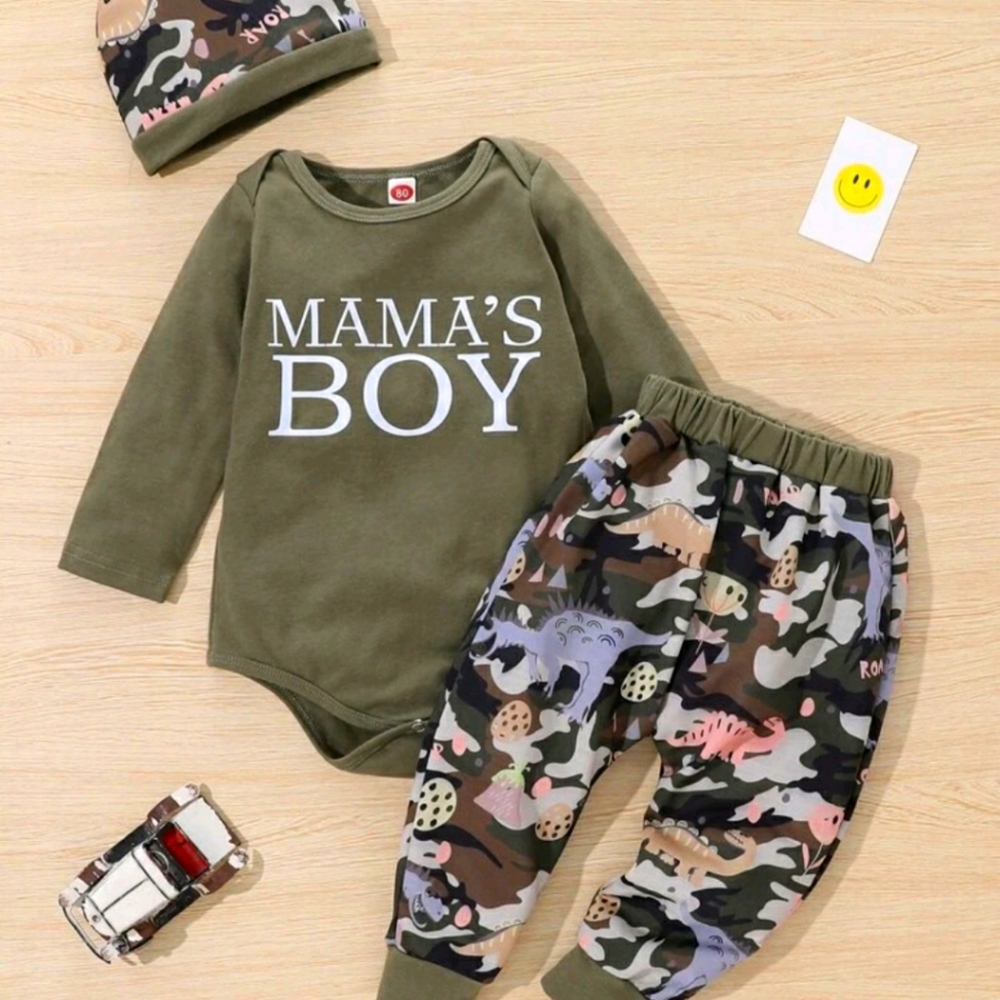 Baby Boy Letter Graphic Bodysuit&Cartoon Dinosaur Print Pants with cap 3pcs Set - Picture 1 of 5